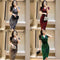 Solid V Neck Slim Body Fitted Asymmetrical Dress